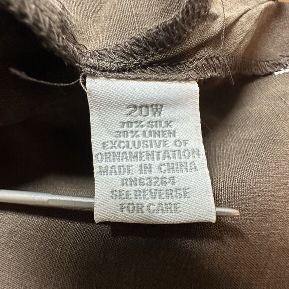 dressbarn Women Button Up Shirt Size 20W Brown Silk Linen Floral Embroidery Boho - Picture 10 of 13